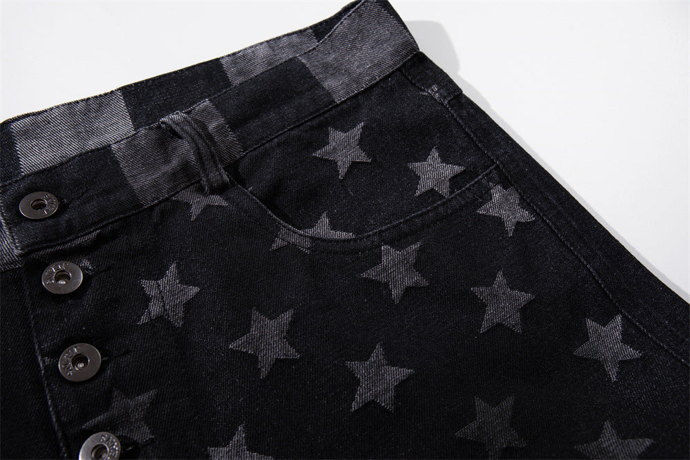 Wide-Leg Jeans with Stars & Stripes Print – Distressed Black Denim