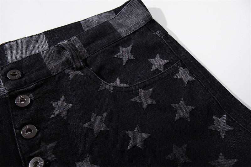 Wide-Leg Jeans with Stars & Stripes Print – Distressed Black Denim