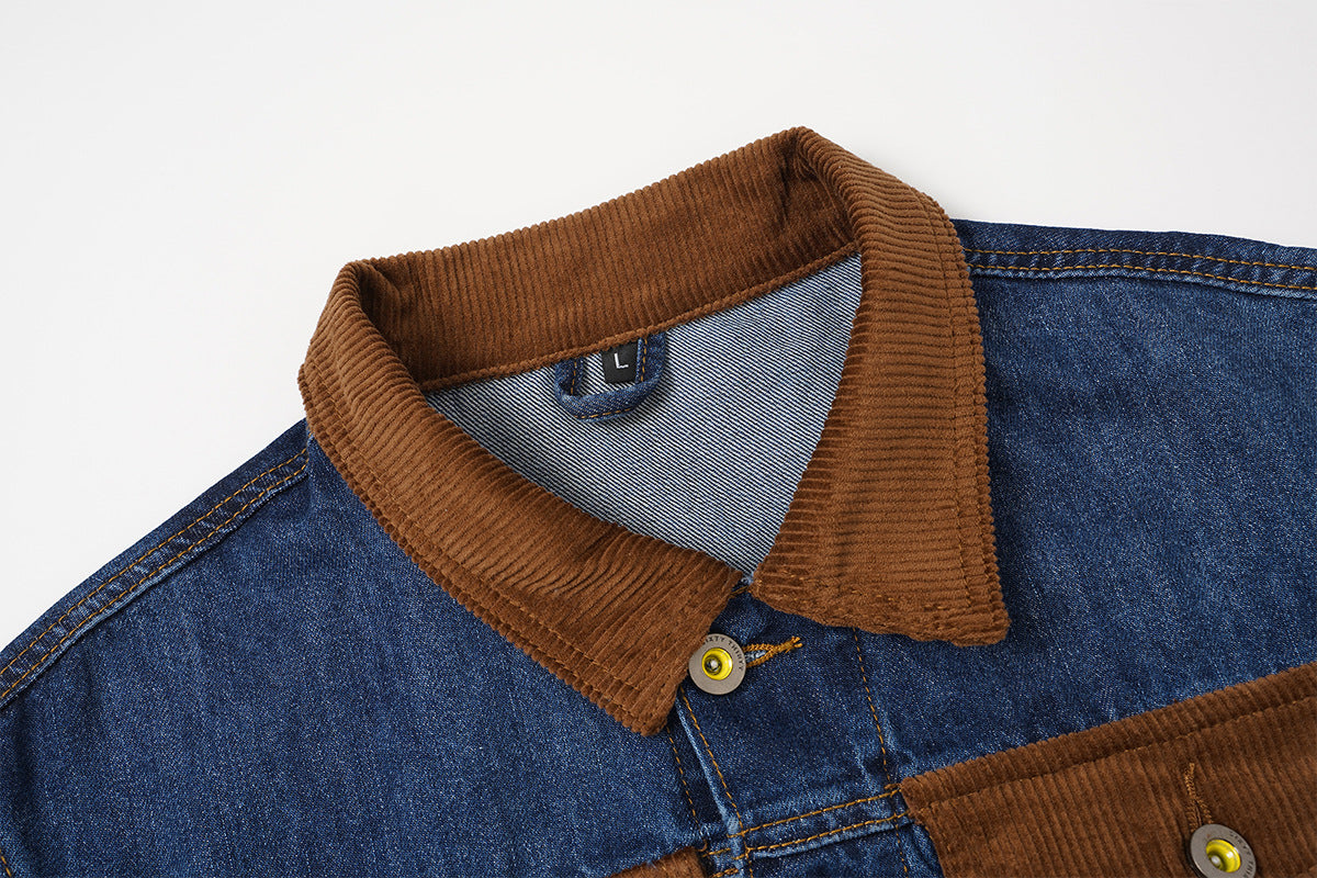 Veste en jean homme délavée avec col et poignets en velours côtelé