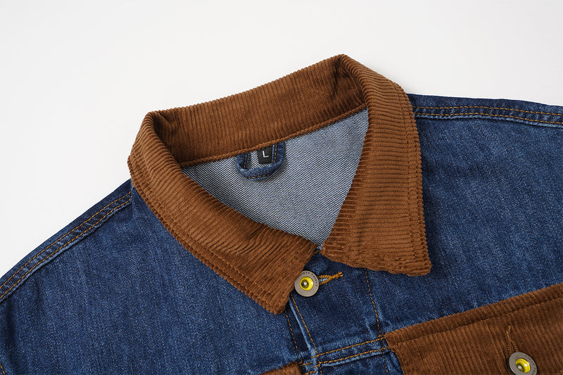 Veste en jean homme délavée avec col et poignets en velours côtelé