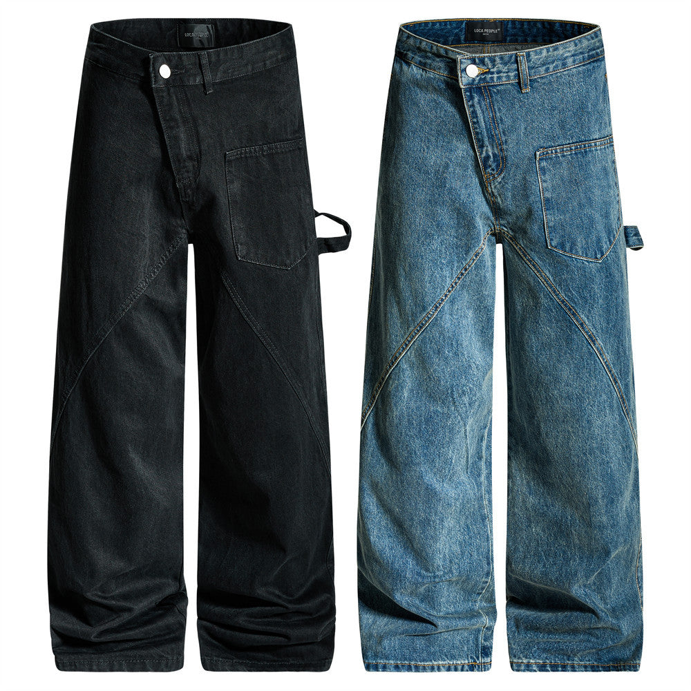 Wide-Leg-Carpenter-Jeans – Herrenjeans aus gewaschenem Denim mit asymmetrischer Knopfleiste und Utility-Details