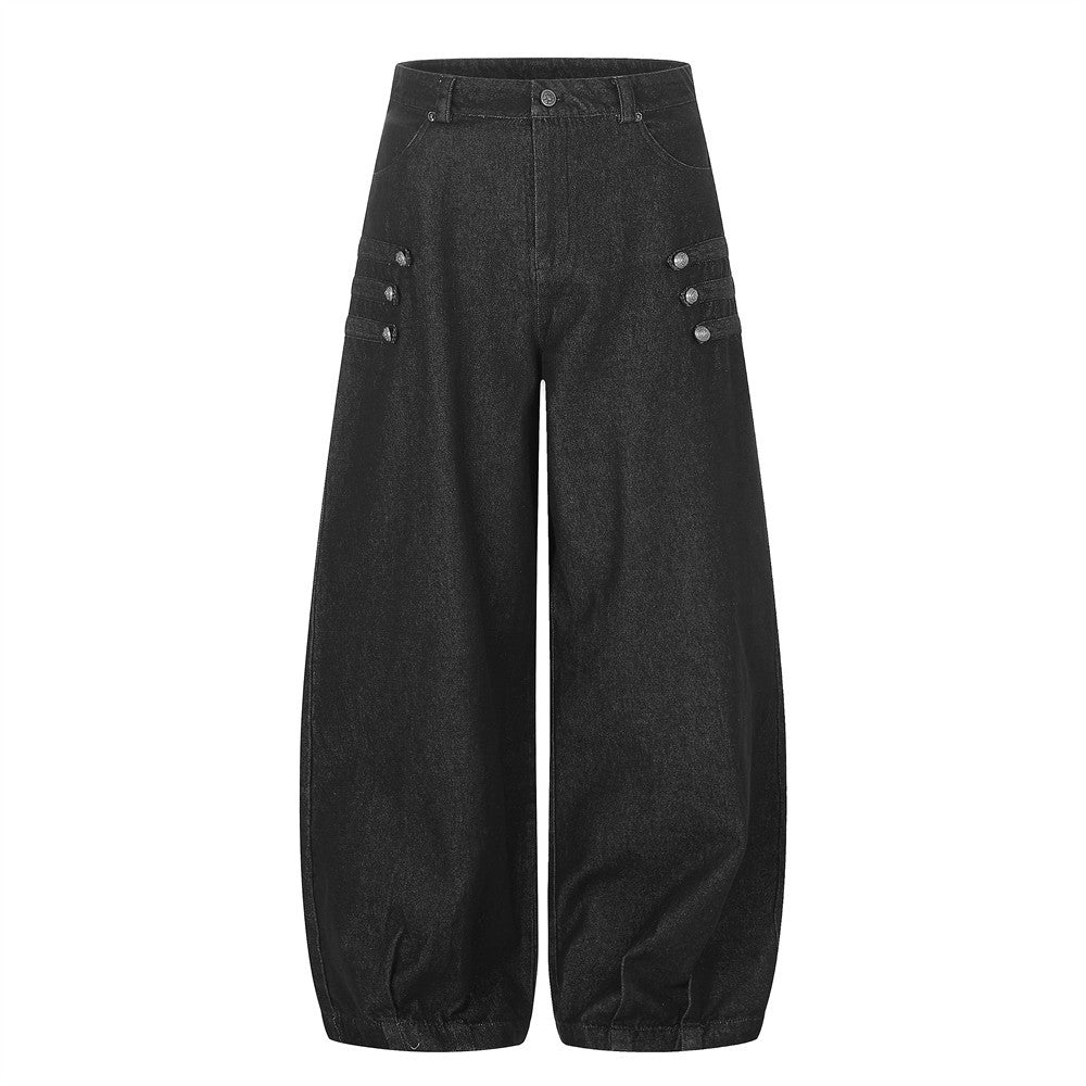 Black wide-leg denim jeans with button accents and pleated front, straight-on flat view