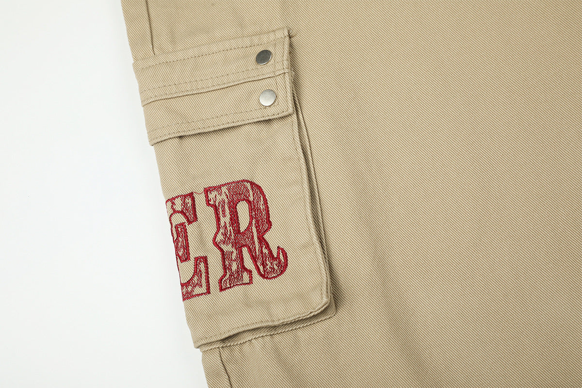 Baggy Cargo Pants Wide Leg Embroidered Letter Workwear Trousers