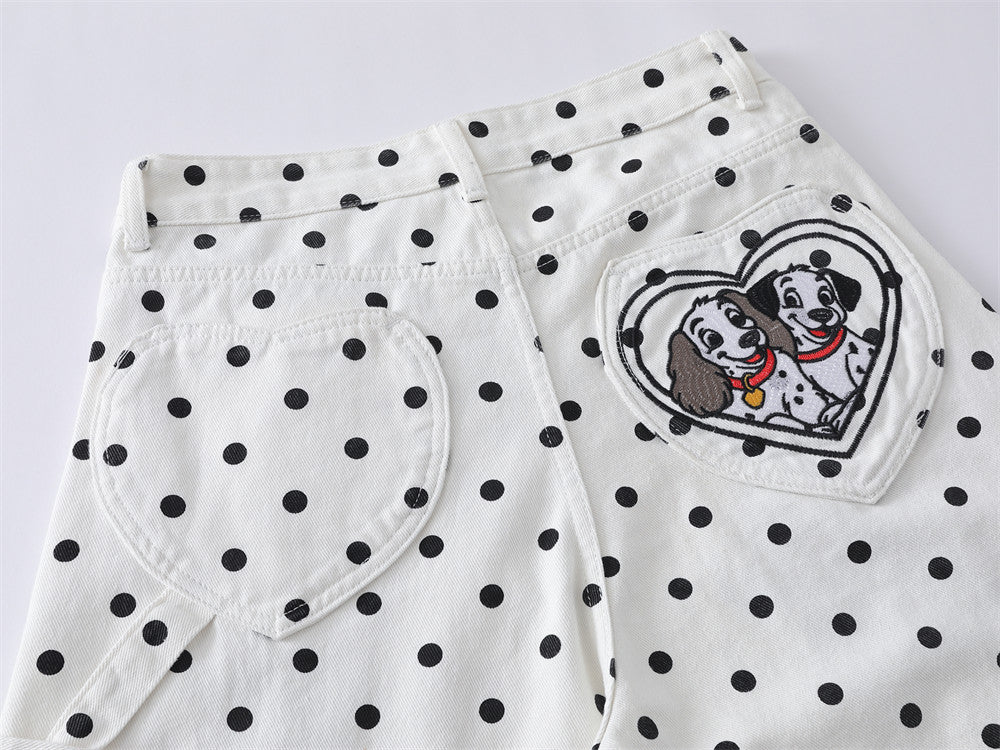 Pantalon baggy wide-leg à pois avec broderies cartoon dalmatien