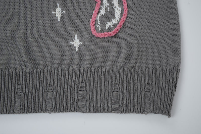 Pull en maille jacquard papillon – Col rond oversize avec broderie rose façon corde