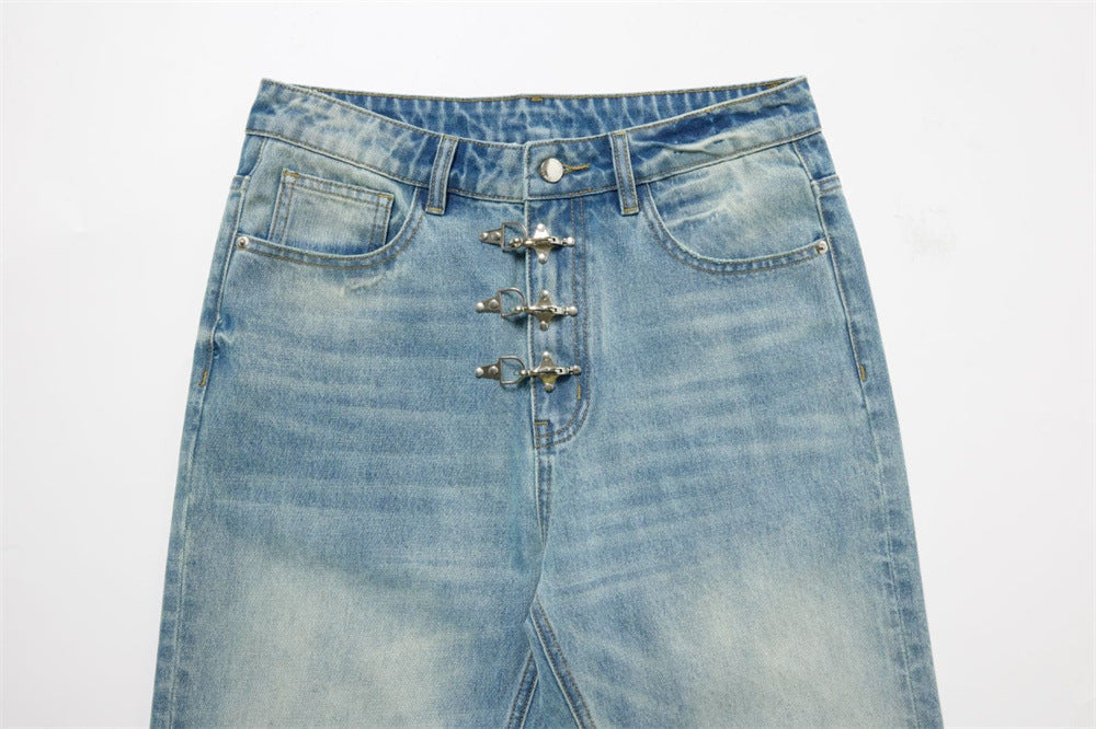 Men's Light Wash Jeans – Floral Embroidery, Metal Clasp Fly & Straight Leg