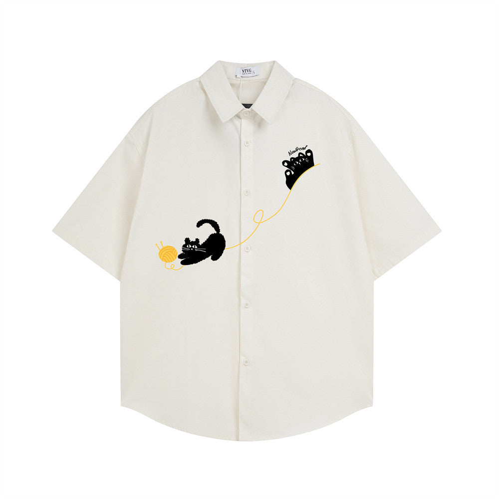 Men's Short Sleeve Collared Shirt with Cat Embroidery – Relaxed Fit Button-Up