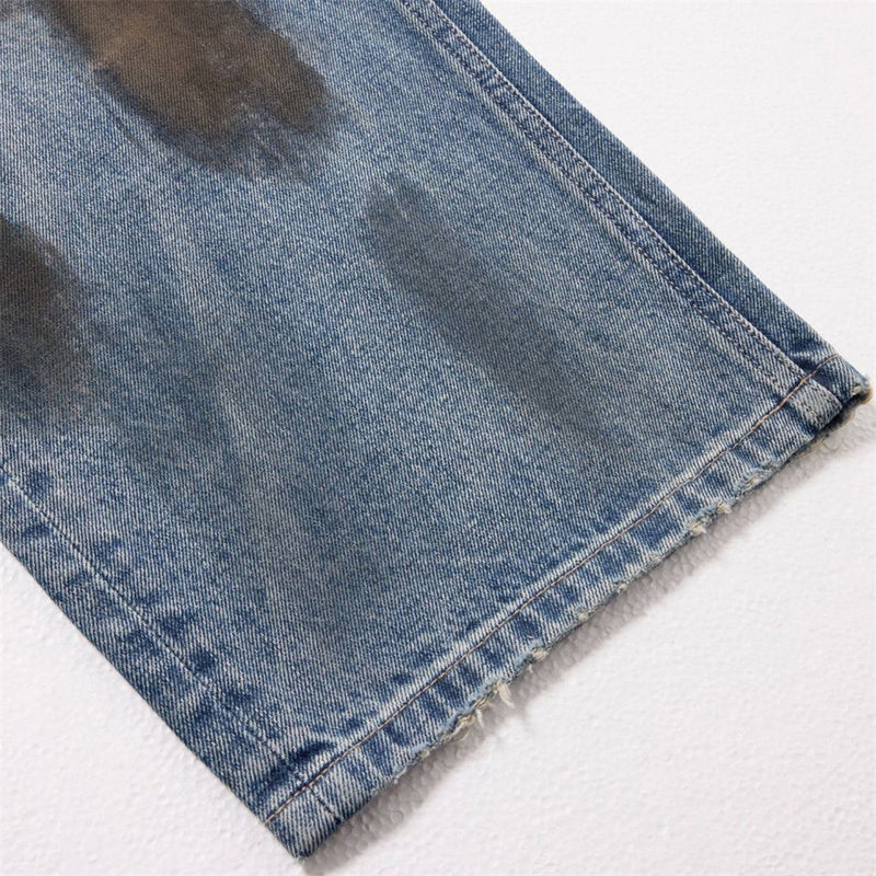 Wide-Leg Distressed Jeans – Dirty Wash Tie-Dye Ripped Denim, Relaxed Fit