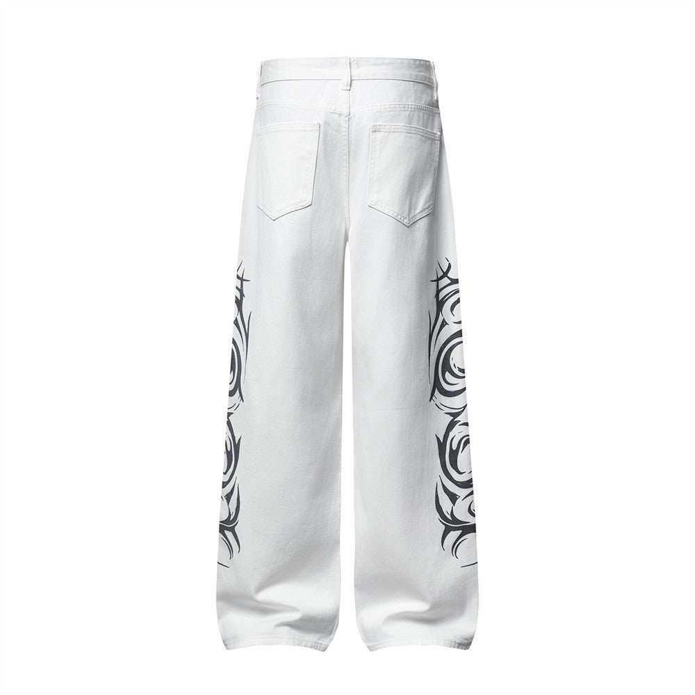 Tribal Print Wide-Leg Jeans – Men's Streetwear Straight Baggy Pants