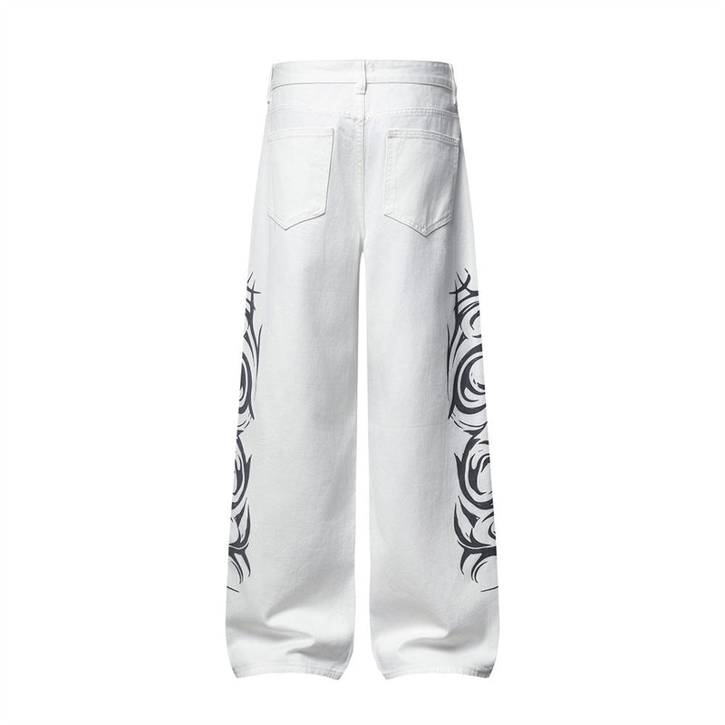 Tribal Print Wide-Leg Jeans – Men's Streetwear Straight Baggy Pants