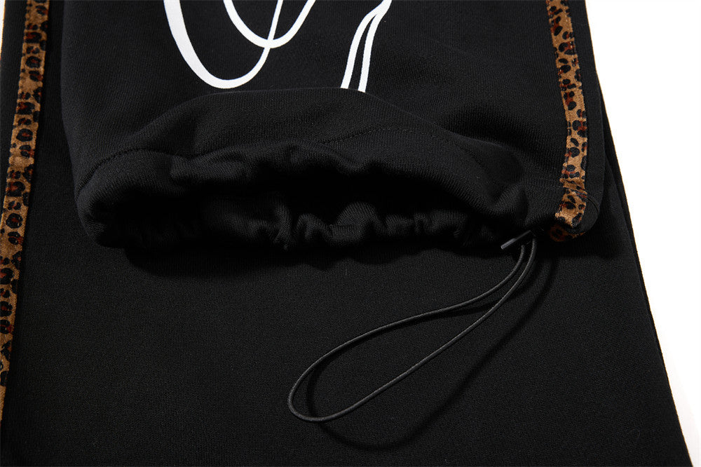 Wide-Leg Sweatpants with Leopard Side Tape & Script Print – Men's Streetwear