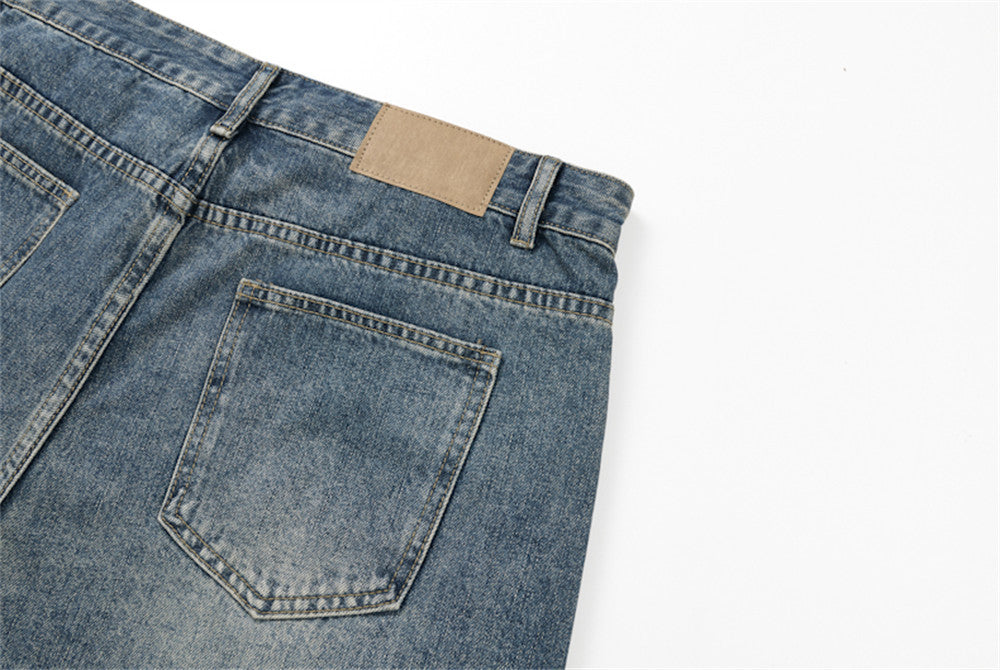 Men's Baggy Denim Shorts with Star Patch Detail, Washed Wide-Leg Five-Point Cut