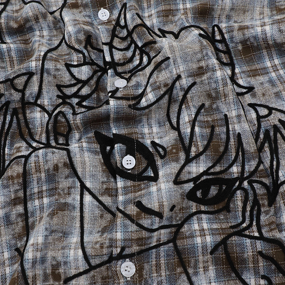 American Vintage Tie-Dye Plaid Short Sleeve Shirt with Dragon Graphic