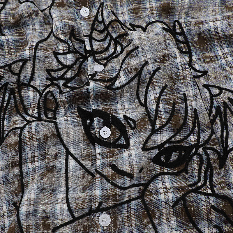 American Vintage Tie-Dye Plaid Short Sleeve Shirt with Dragon Graphic