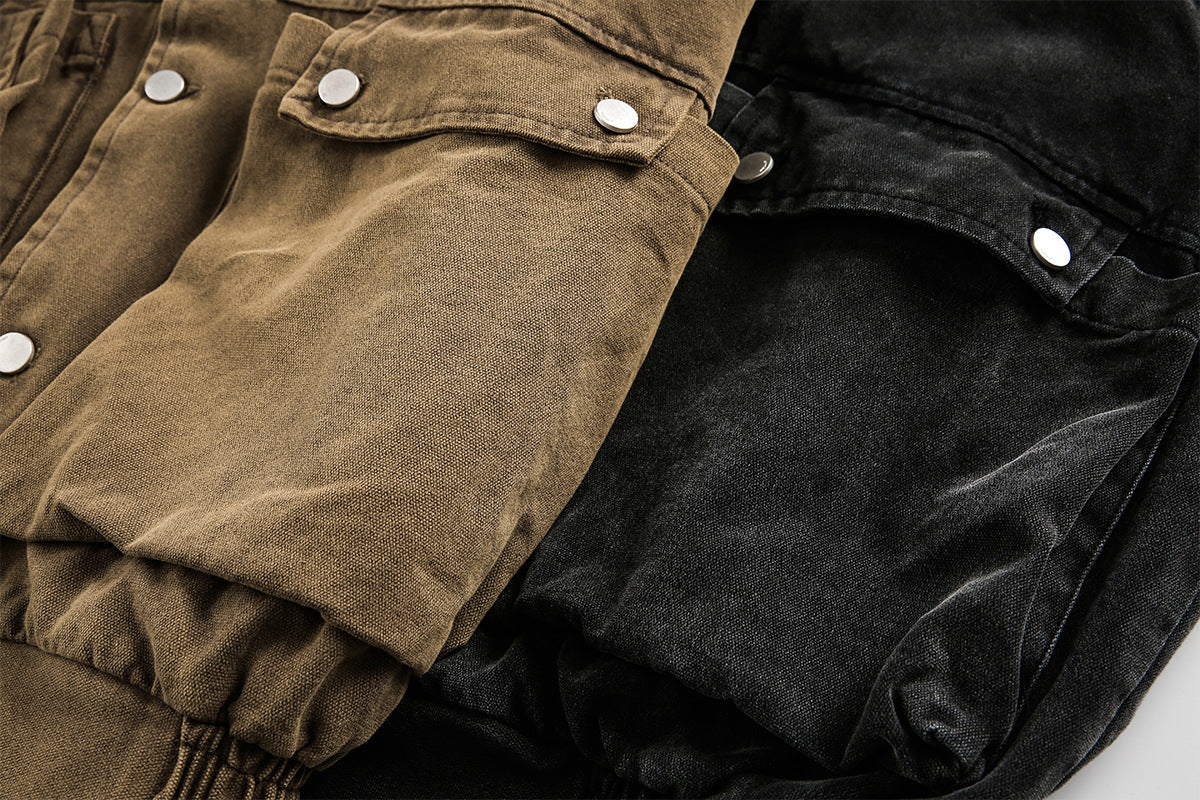 Blouson bomber homme en toile canvas délavée avec grandes poches cargo et col à boucle
