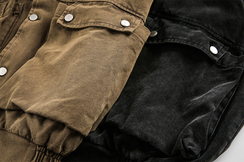 Blouson bomber homme en toile canvas délavée avec grandes poches cargo et col à boucle