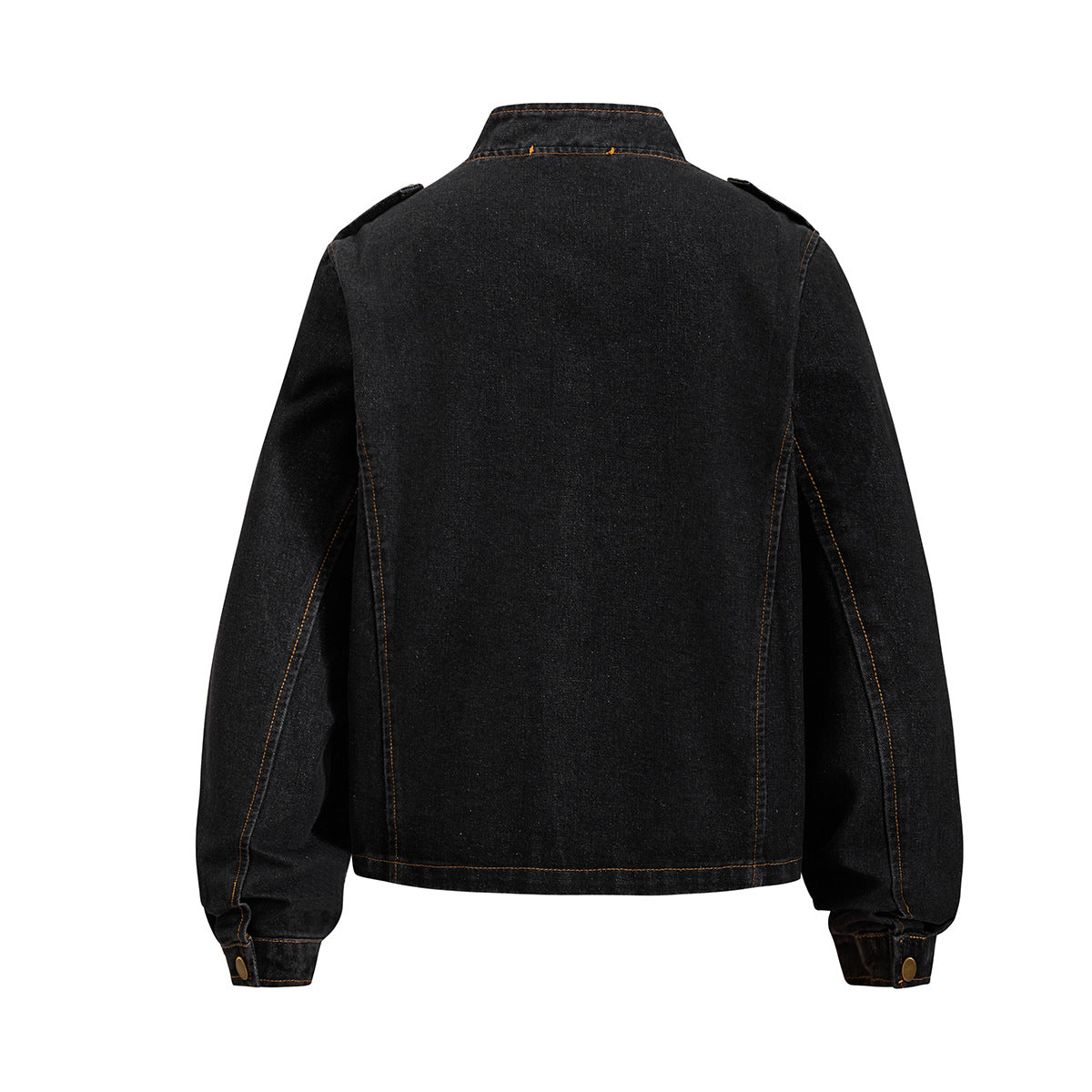 Military-Style Washed Denim Jacket – Stand Collar, Double-Breasted Button Detail