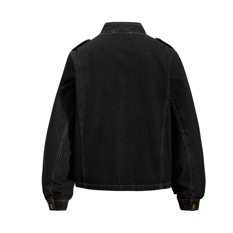 Military-Style Washed Denim Jacket – Stand Collar, Double-Breasted Button Detail