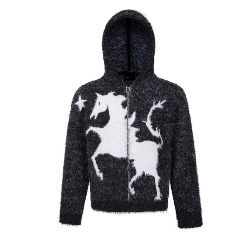 Sweat à capuche zippé en maille duveteuse – Motifs licorne et étoiles