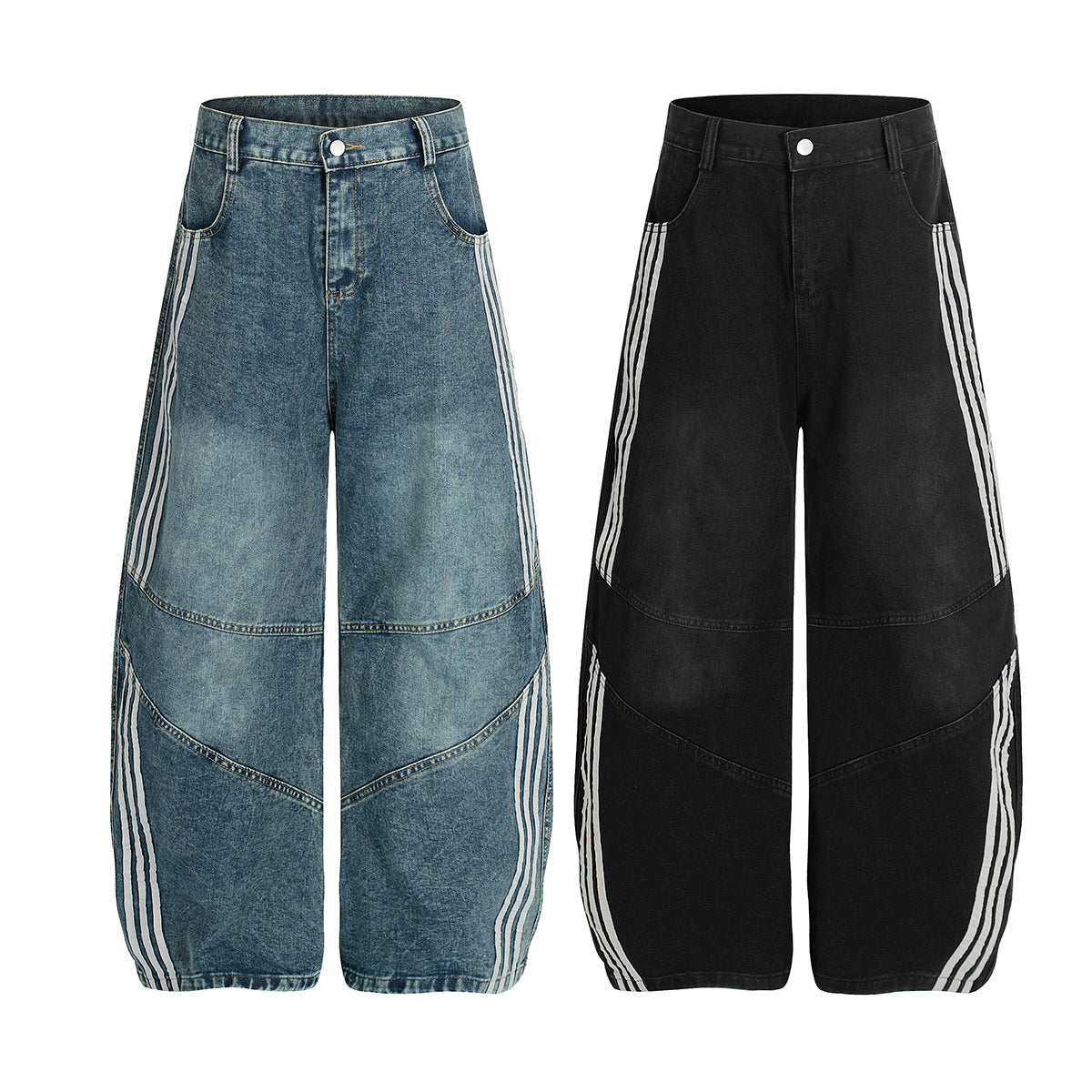 Wide-leg deconstructed baggy jeans with triple white side stripes and curved panel seaming, shown in washed blue and washed b