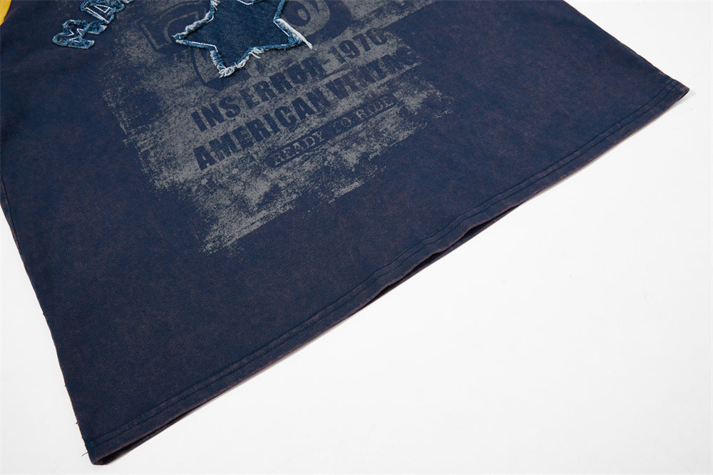 Navy vintage raglan T-shirt with faded graphic print and distressed star patch detail