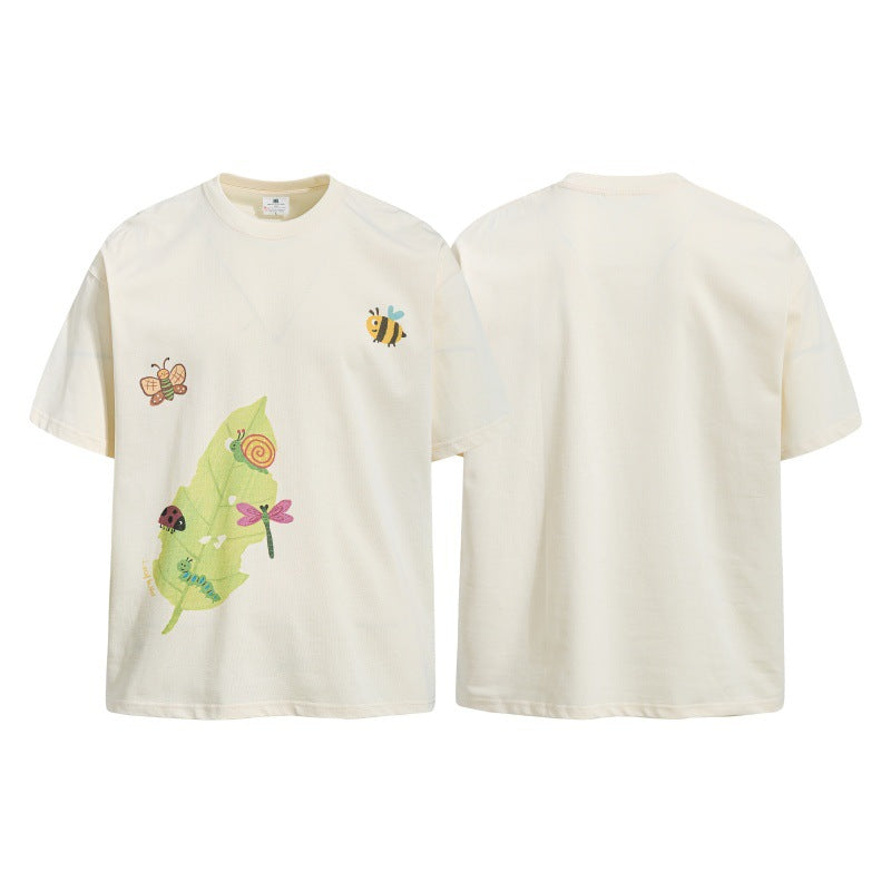 Oversized cream cotton t-shirt with cartoon insect and leaf graphic print featuring bee, butterfly, snail, ladybug and dragon