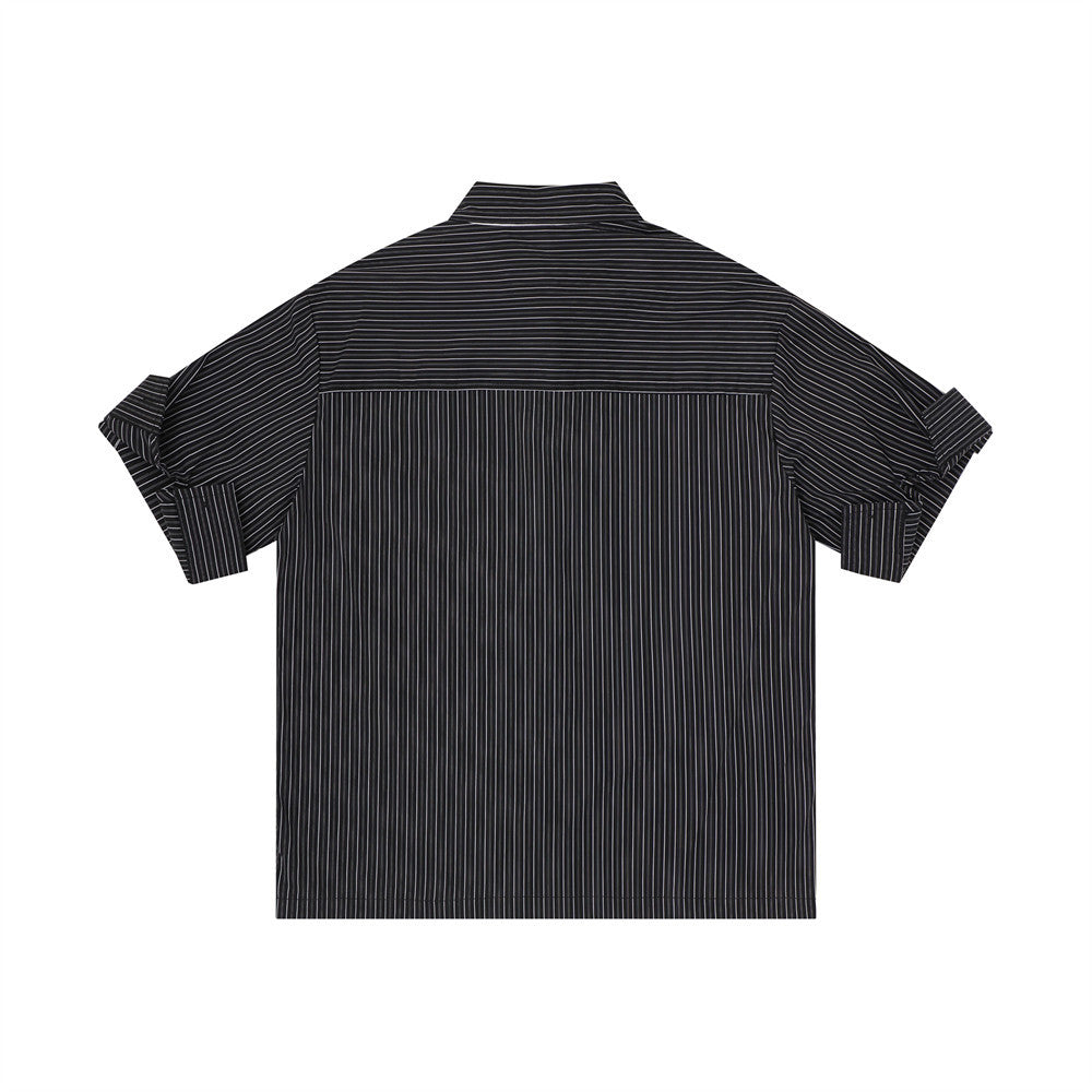 Black striped short sleeve button-up shirt shown from the back