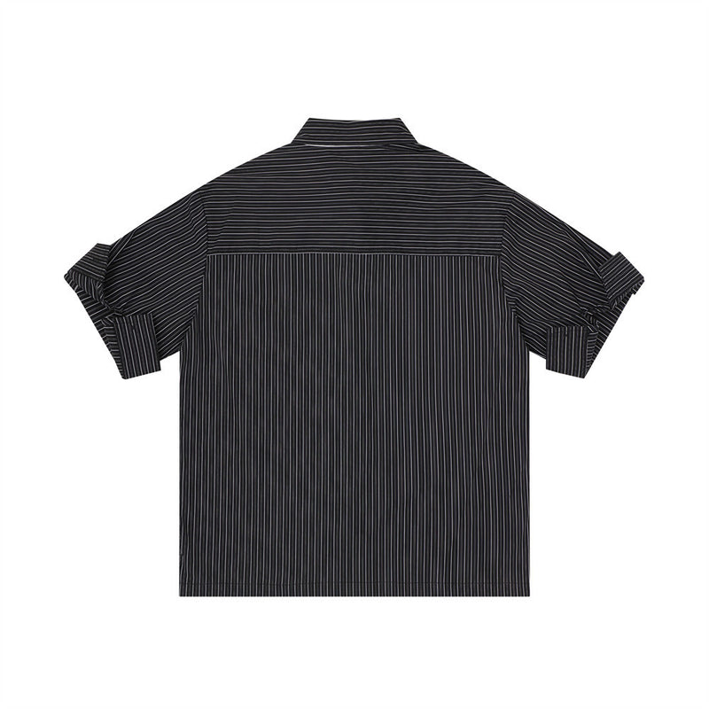 Black striped short sleeve button-up shirt shown from the back