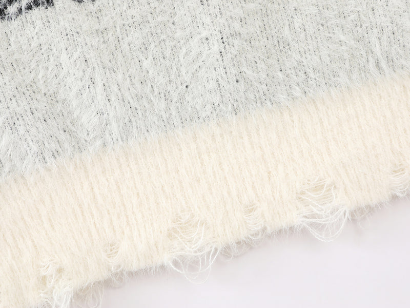 Cartoon Rabbit Angel Knit Sweater – Mixed Star & Stripe Fuzzy Pullover with