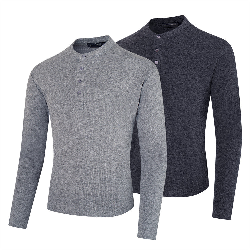 Henley Shirt Long Sleeve Men's Slim-Fit Stand Collar Button Placket Top
