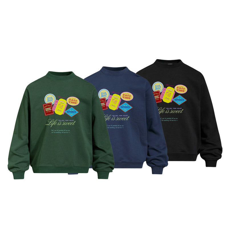 Oversized Graphic Crewneck Sweatshirt – Life Is Sweet Sticker Print