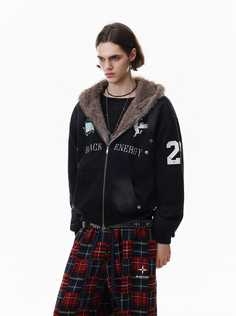 Black Energy Faux Fur-Lined Hooded Bomber Jacket – Washed Fleece Winter Coat