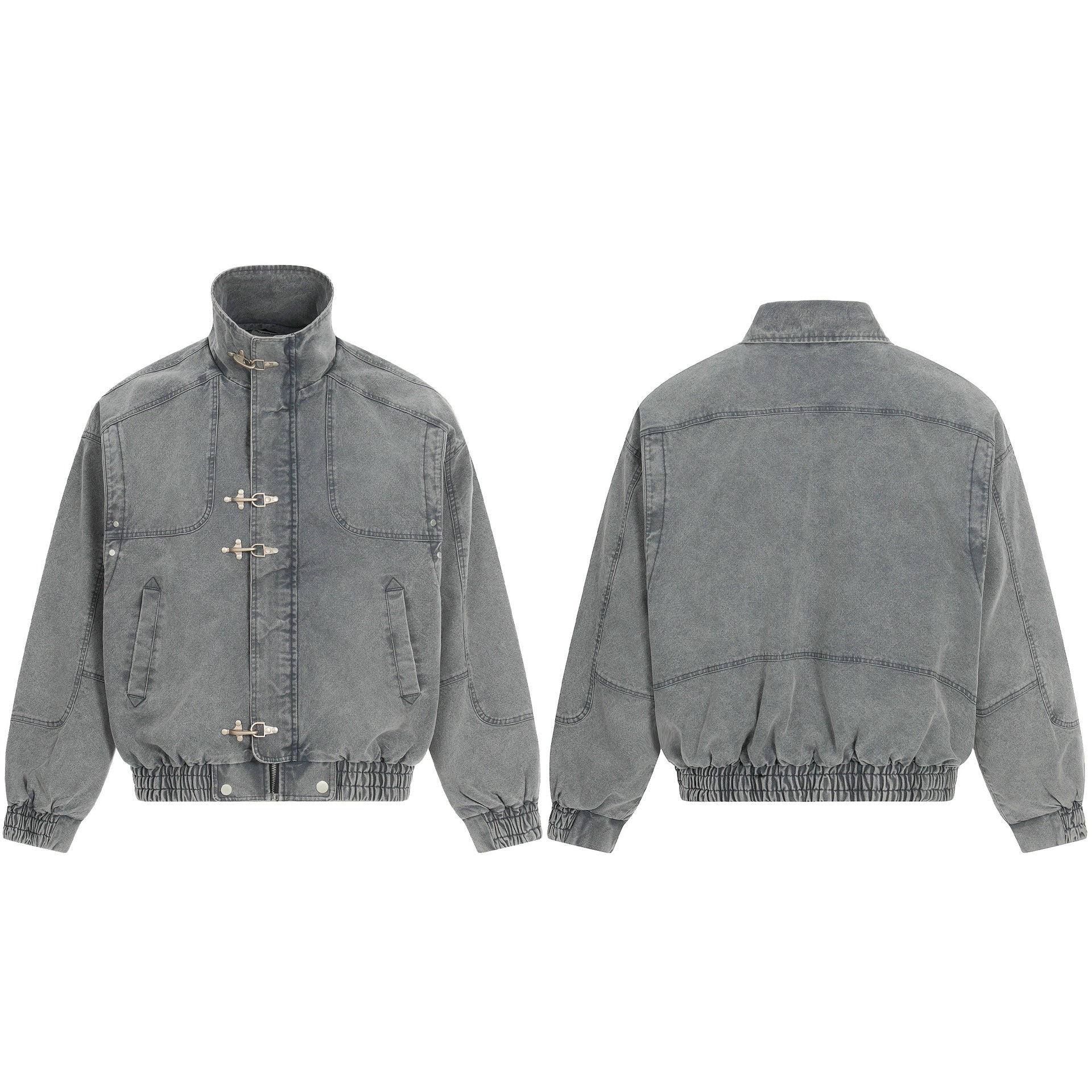 Veste Harrington oversize en denim gris délavé à l’acide, fermetures à barres métalliques argentées, bas élastiqué et patch poitrine