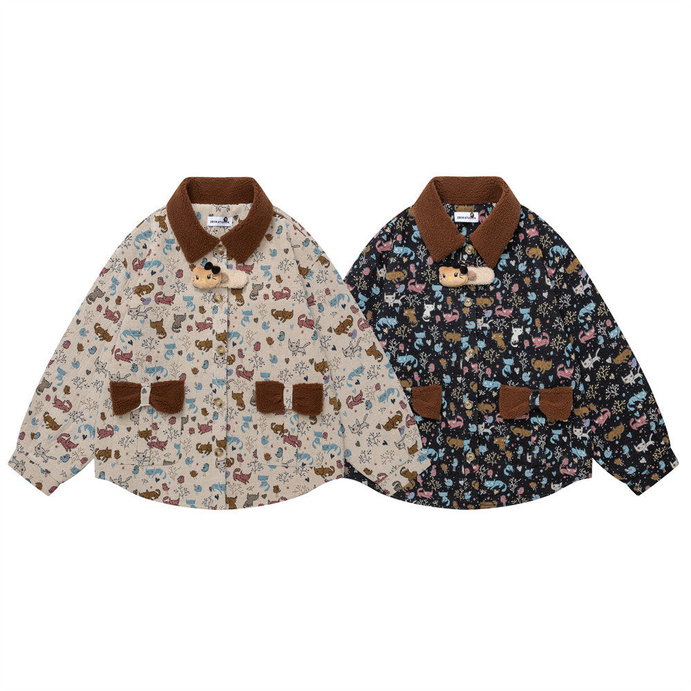 Cartoon Cat Allover Print Jacket with Fleece Collar & 3D Bear Clasp, Relaxed Fit
