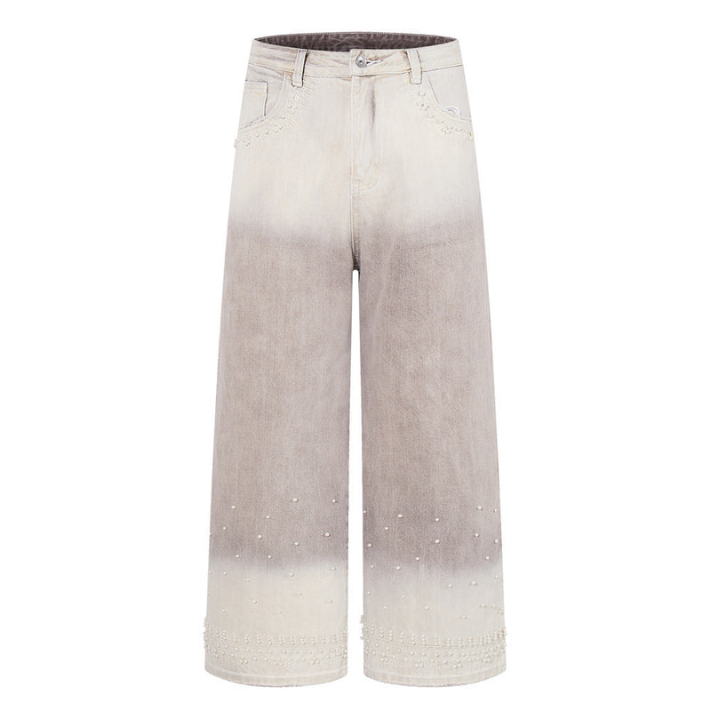Wide-Leg Jeans – Gradient Tie-Dye Wash with Pearl Bead Embellishments