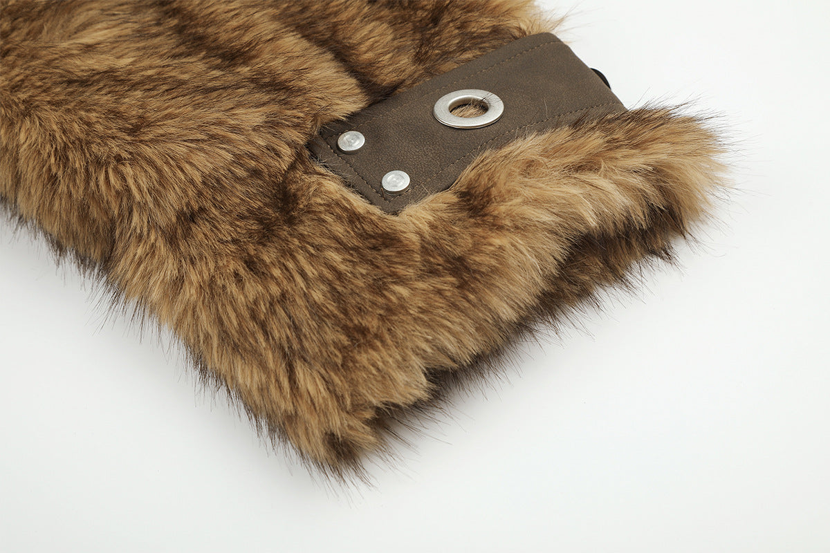 Faux Fur Hooded Bomber Jacket – Brown Oversized Winter Coat with Grommet Cuffs