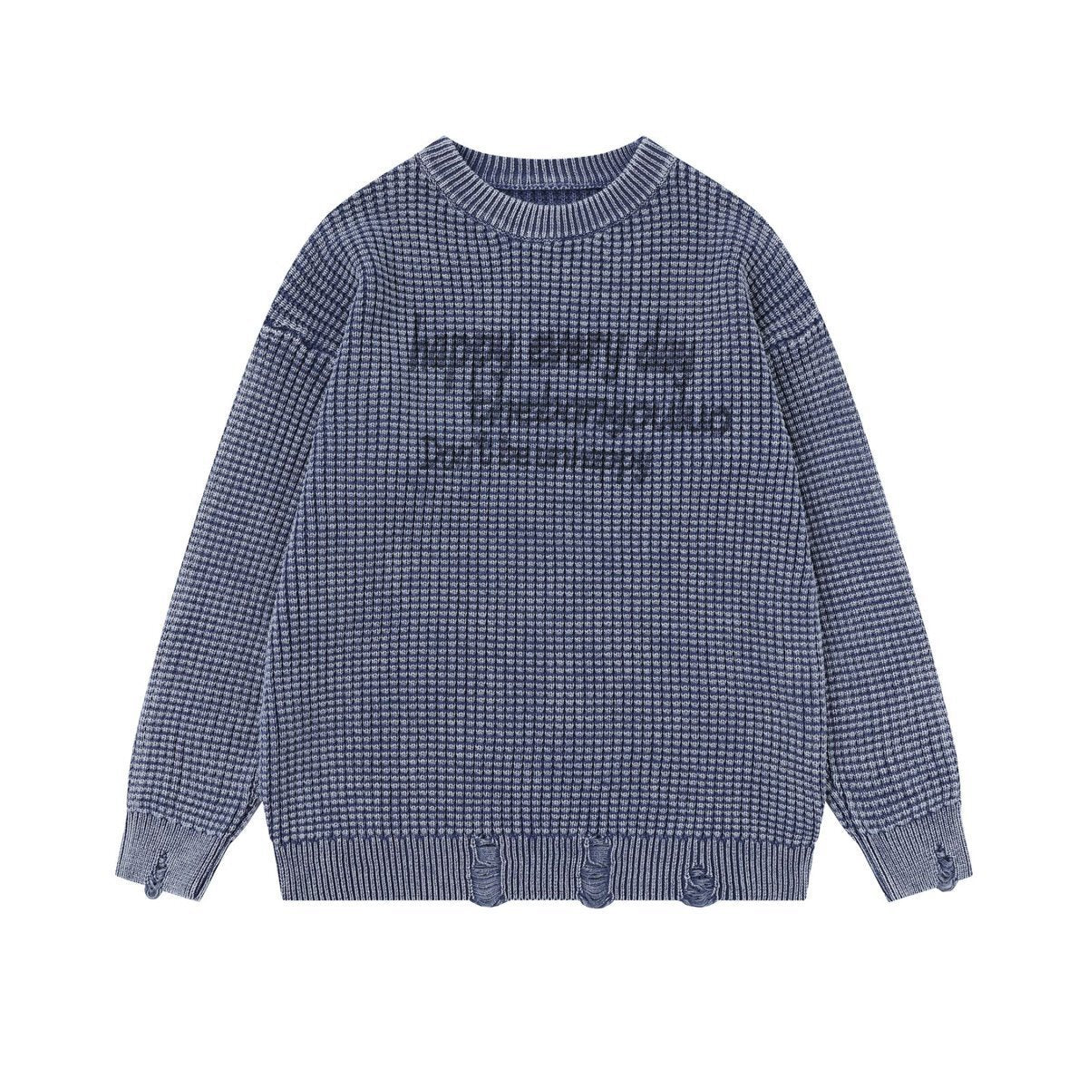 Men's Washed Distressed Waffle Knit Sweater with Graphic Lettering
