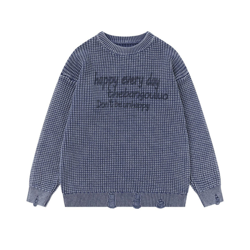 Men's Washed Distressed Waffle Knit Sweater with Graphic Lettering