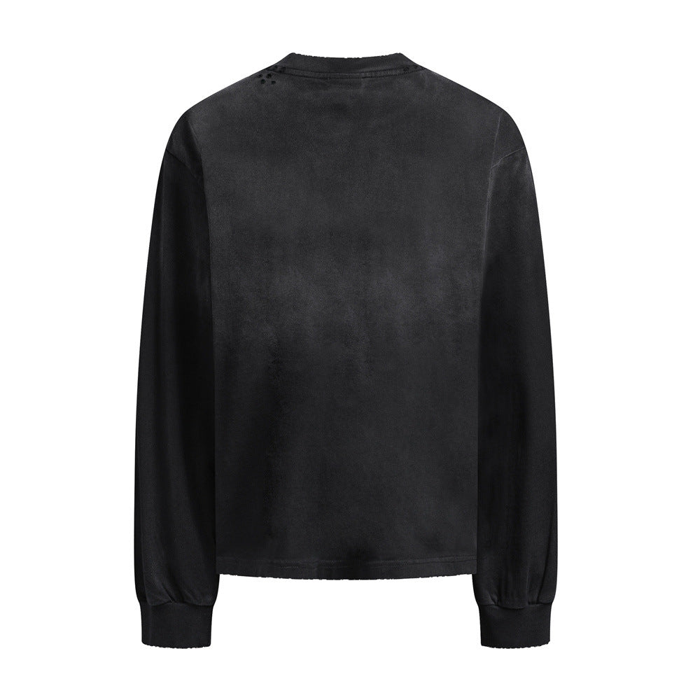 NTVG Acid Wash Long Sleeve Graphic T-Shirt – Distressed Logo Crew Neck