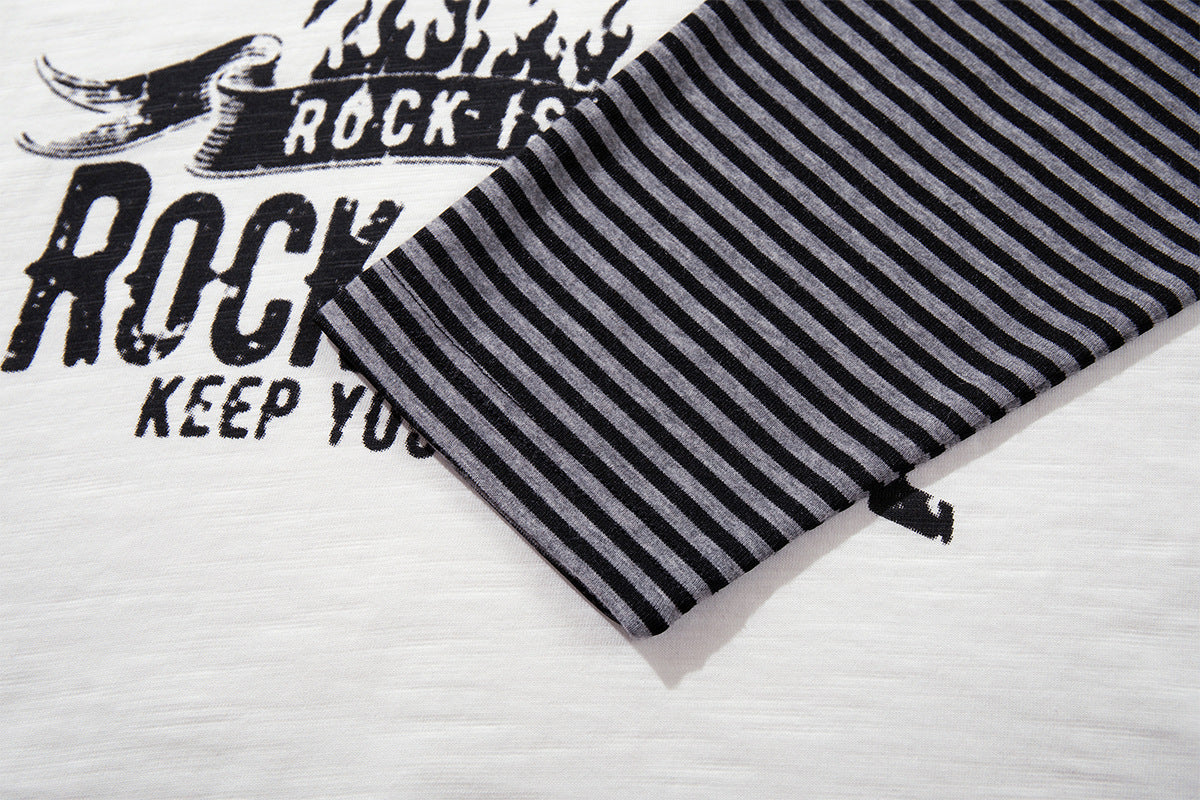 Long Sleeve Raglan Shirt – Rock 'N Roll Graphic, Black & White Striped Sleeves