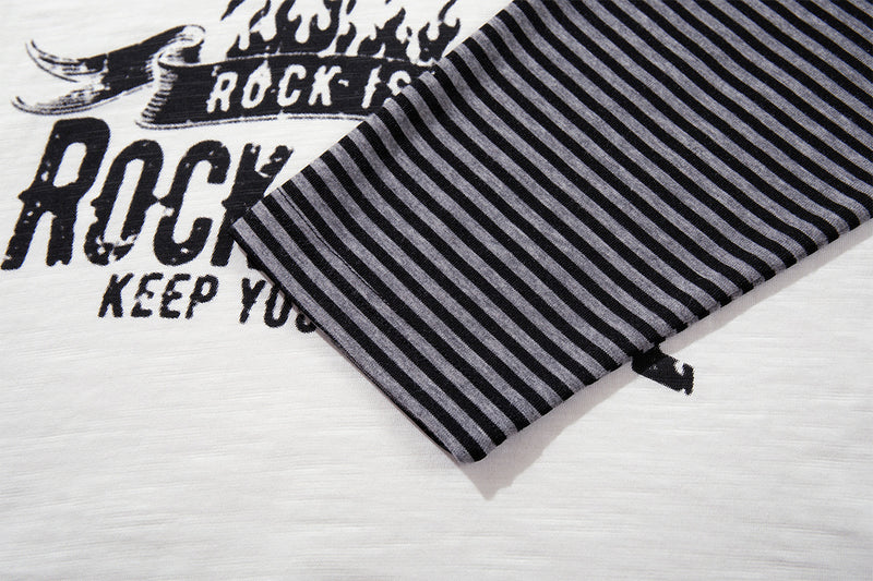Long Sleeve Raglan Shirt – Rock 'N Roll Graphic, Black & White Striped Sleeves