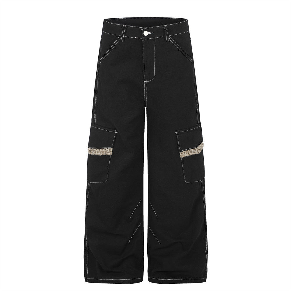 Men's Wide-Leg Cargo Pants with Leopard Fur Trim & Multi-Pocket Design