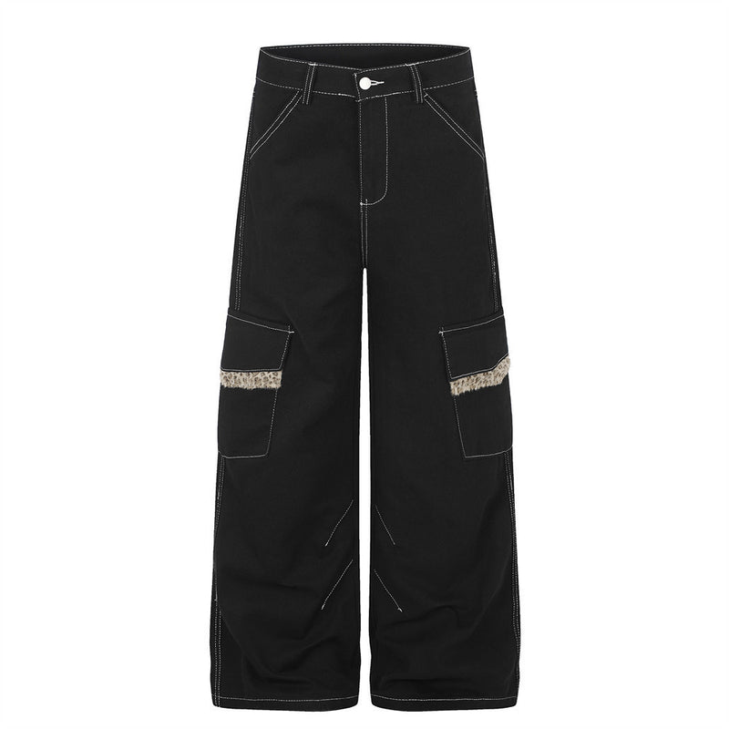 Men's Wide-Leg Cargo Pants with Leopard Fur Trim & Multi-Pocket Design