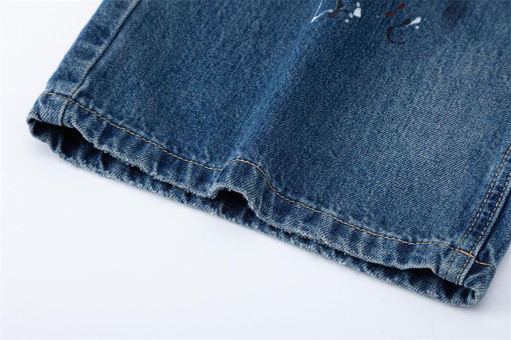 Wide-Leg Distressed Jeans with Paint Splatter & Ripped Knees – Vintage Punk