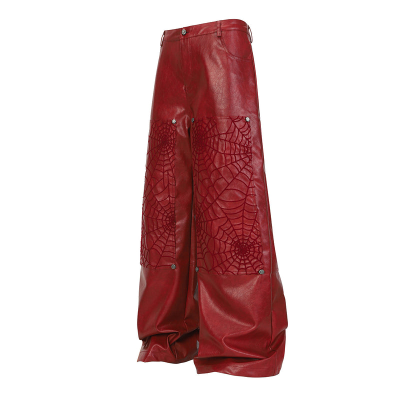Wide-Leg Faux Leather Pants with Spiderweb Embossed Panels