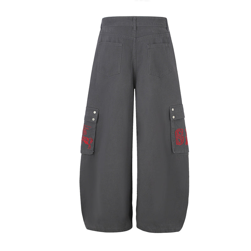 Baggy Cargo Pants Wide Leg Embroidered Letter Workwear Trousers