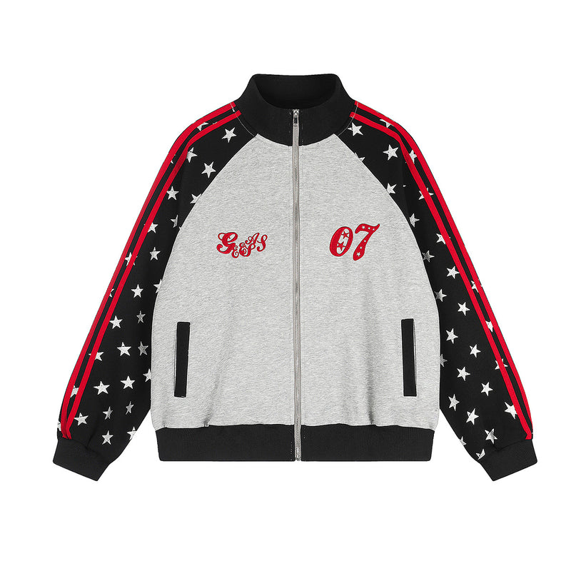 Veste de survêtement zippée à empiècements contrastants et imprimé étoiles, manches raglan à rayures contrastantes et logo brodé sur la poitrine, grise et noire