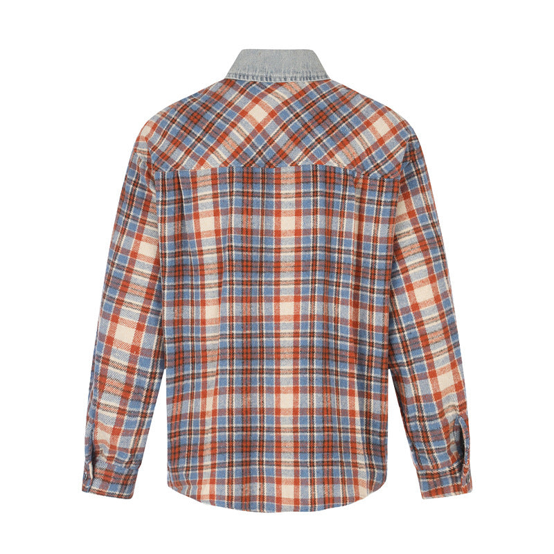 Men's Red Plaid Shirt Oversized Denim-Splice Faux Two-Piece Button-Down