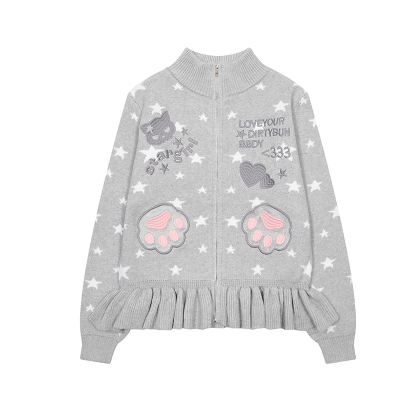 Star Print Zip-Up Knit Cardigan with Ruffle Hem & Cat Paw Embroidery