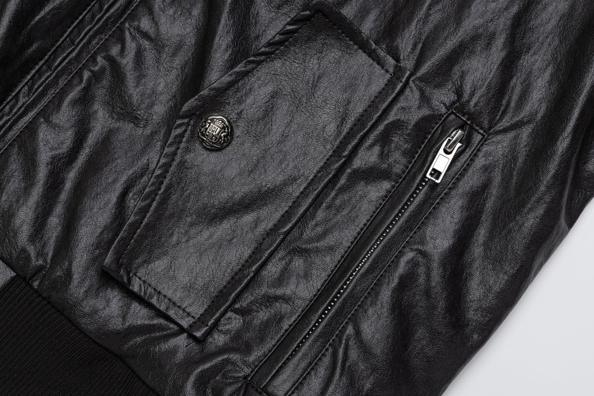 Blouson bomber en similicuir PU brodé – Style vintage racing et flight américain